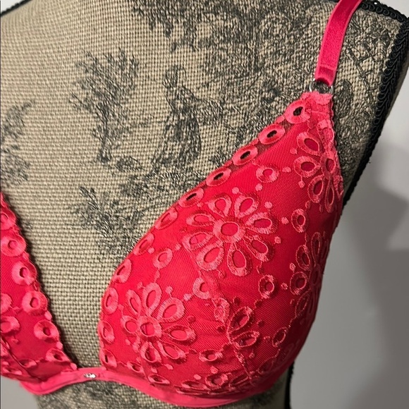 Victoria’s Secret Hot Pink eyelet Lace Padded Push up Bra Size 34DD - Picture 2 of 7